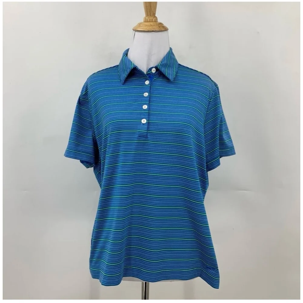 Women’s Nike Golf Polo Collared Shirt Blue & Lime Stripped Size Small